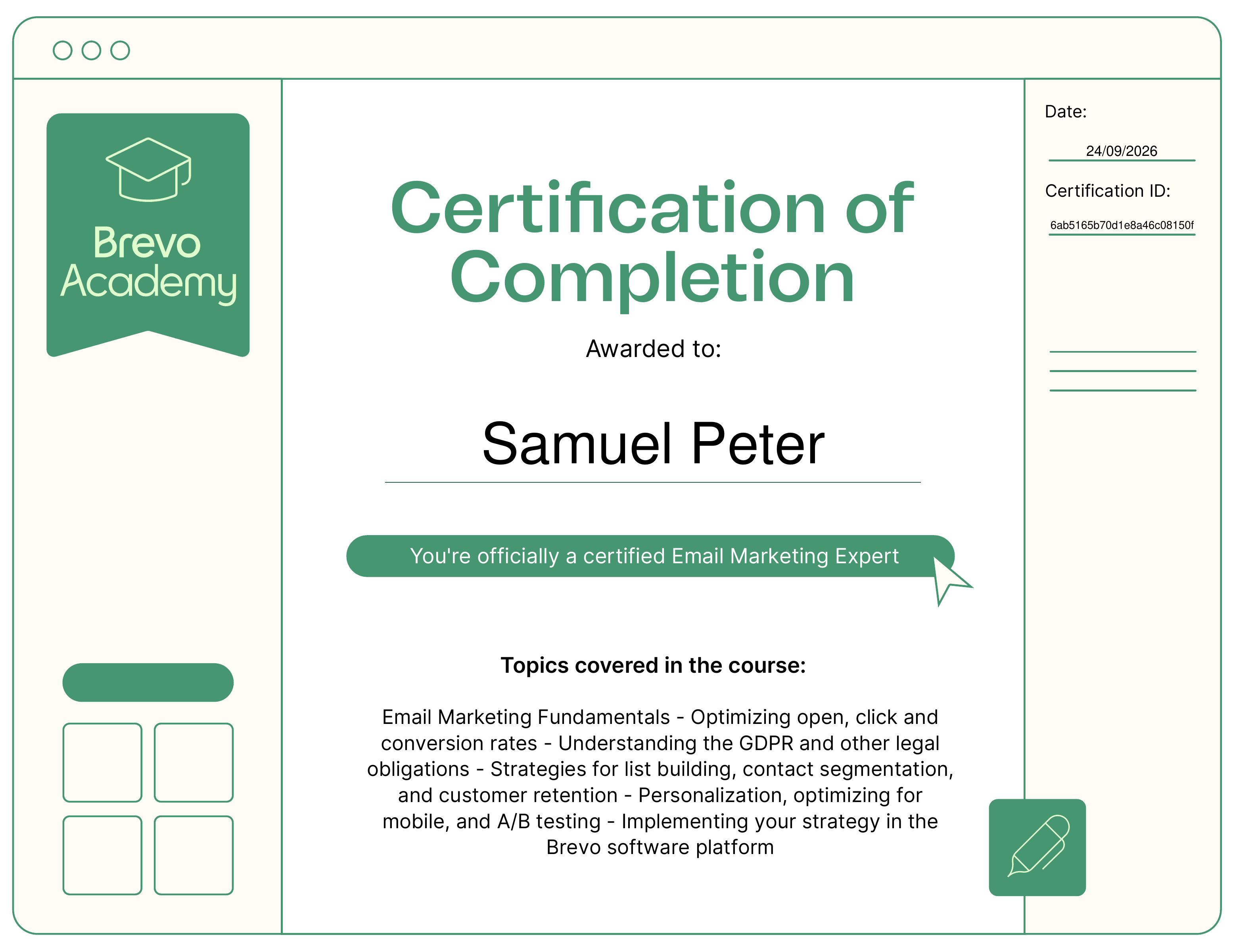 Brevo Academy Email Marketing Expert certificate