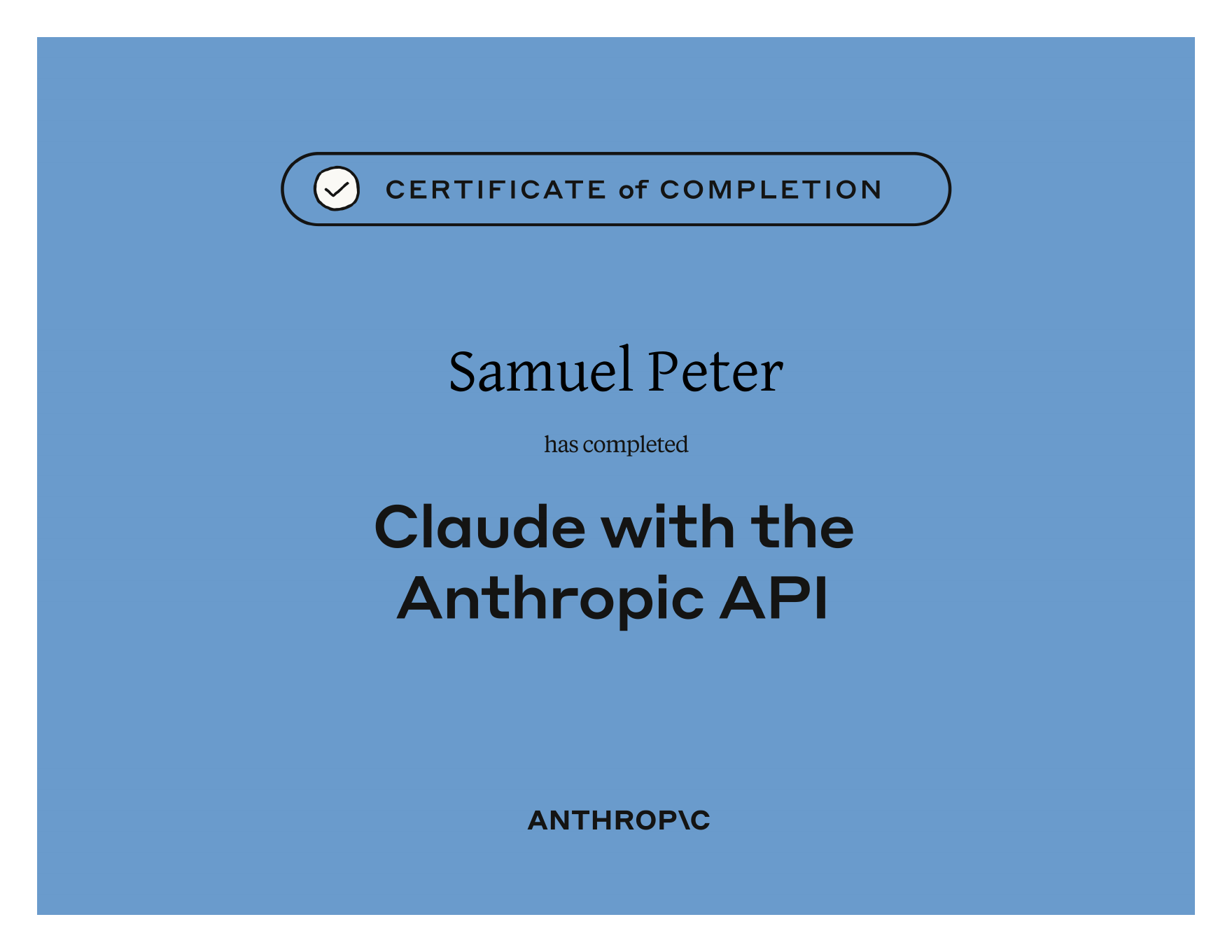 Certificate of completion for Claude with the Anthropic API