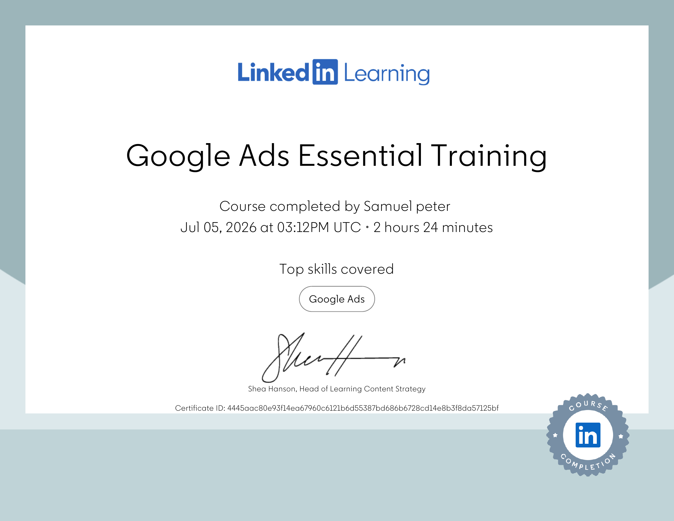Google Ads Essential Training credential